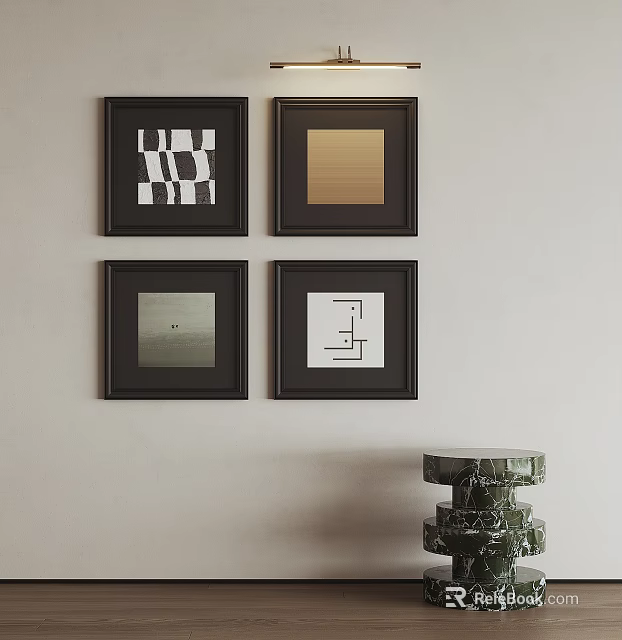 Geometric Abstract Paintings In Black Frames On Light Wall With Marble Decor 3d model 