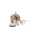 Kitchenware Set With Wooden Cutting Boards Metal Pot Stacked Plates White Cup And Spoons