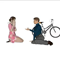 Man And Woman Interact On Grass Lawn By Lake With Bicycle
