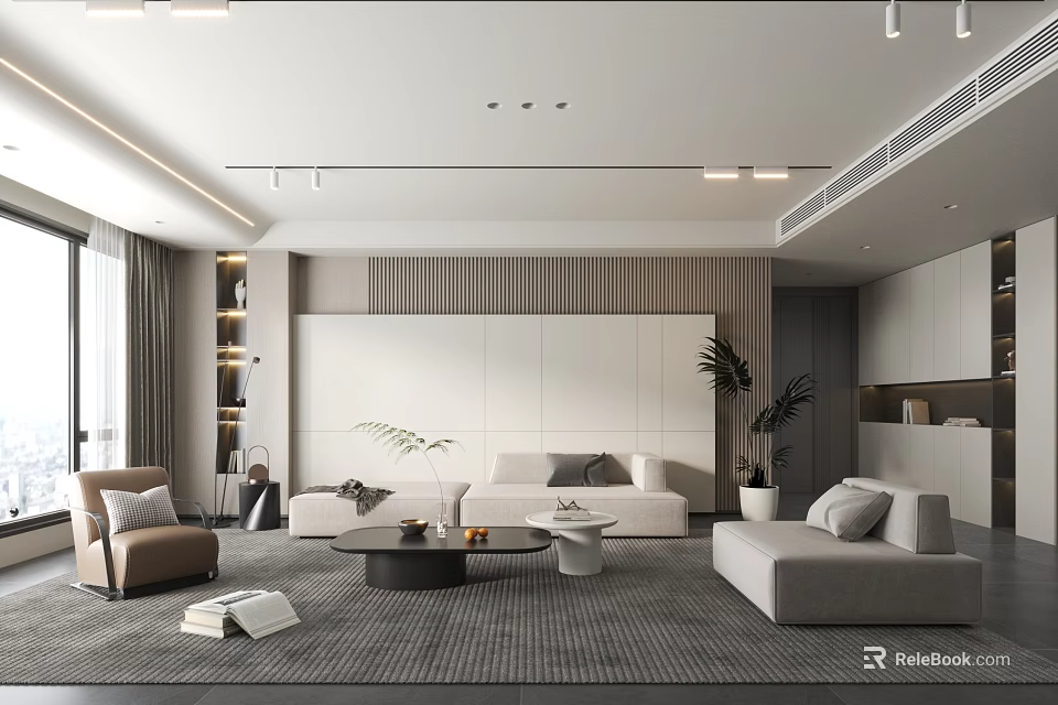 Modern Minimalist Living Room Interior With White Sofa Gray Carpet And Wooden Accent Wall 3d model 