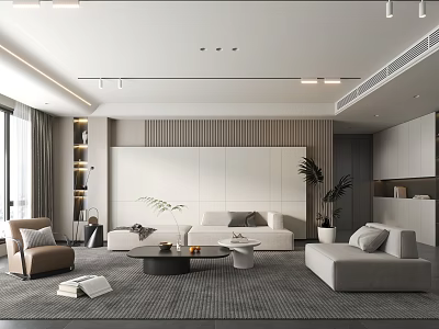 Modern Minimalist Living Room Interior With White Sofa Gray Carpet And Wooden Accent Wall 3d model