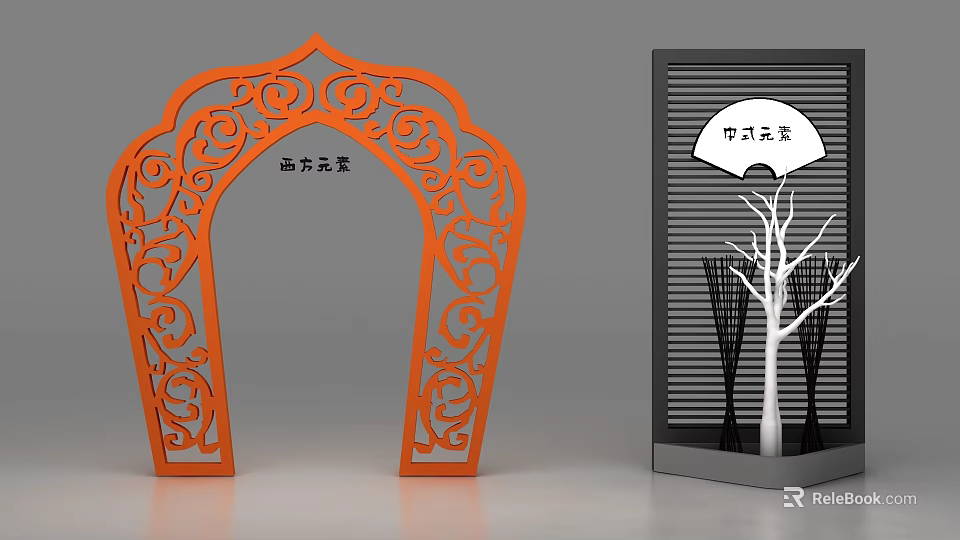 Ornate Arch Shape Background Wall With Western Chinese Elements Louver Design And Tree Decor 3d model 