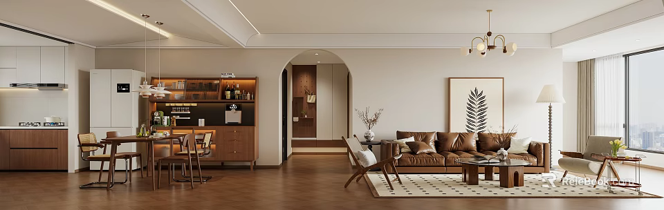 Modern Living and Dining Room Interior With Brown Leather Sofa Archway And Wooden Floor 3d model 