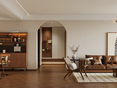 Modern Living and Dining Room Interior With Brown Leather Sofa Archway And Wooden Floor 3d model