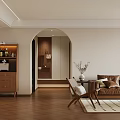 Modern Living and Dining Room Interior With Brown Leather Sofa Archway And Wooden Floor