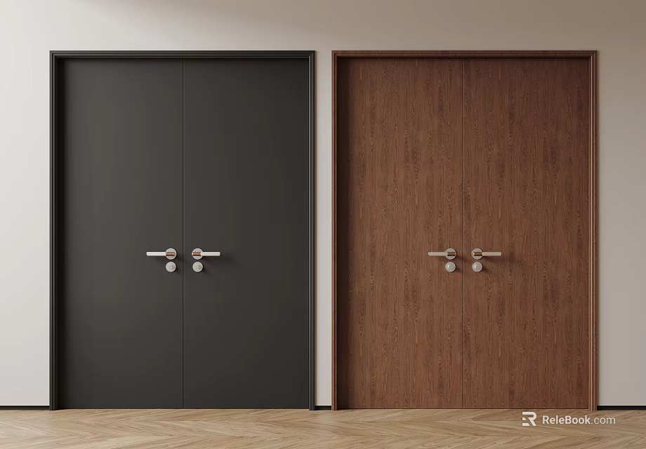 Black and Brown Double Doors with Modern Handles on Light Wall and Herringbone Wooden Floor 3d model 