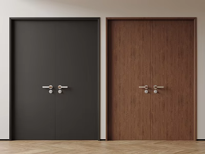 Black and Brown Double Doors with Modern Handles on Light Wall and Herringbone Wooden Floor 3d model