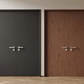 Black and Brown Double Doors with Modern Handles on Light Wall and Herringbone Wooden Floor