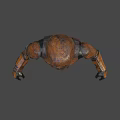 Man wearing rusted metallic armor with helmet and orange glowing eyes