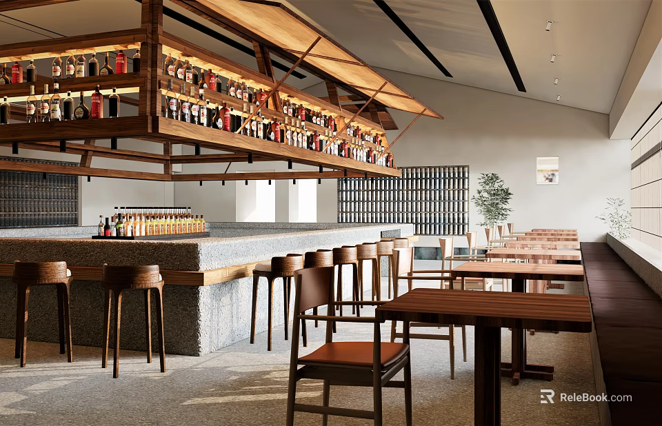 Modern Restaurant Interior With Wooden Wine Racks Stone Bar Counter Bar Stools And Dining Tables 3d model 