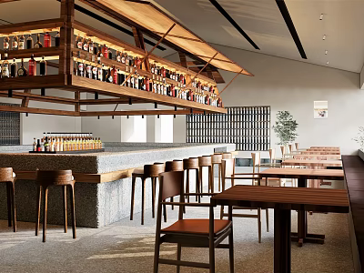 Modern Restaurant Interior With Wooden Wine Racks Stone Bar Counter Bar Stools And Dining Tables 3d model