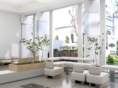Modern Open Lounge Area Interior With White Architecture Large Windows Green Plants And Courtyard View 3d model