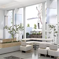 Modern Open Lounge Area Interior With White Architecture Large Windows Green Plants And Courtyard View
