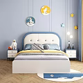Kids Bed Blue White Upholstered Headboard Star Decor Round Cartoon Art Blue Bedroom City View