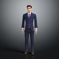 Animated 3D Male Character In Blue Suit With Purple Tie And Brown Shoes