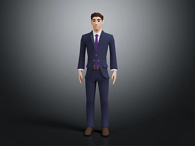 Animated 3D Male Character In Blue Suit With Purple Tie And Brown Shoes 3d model