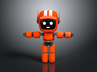 Orange Robot Game Movie Character With White Stripes Black Face White Eyes And Arms Outstretched 3d model
