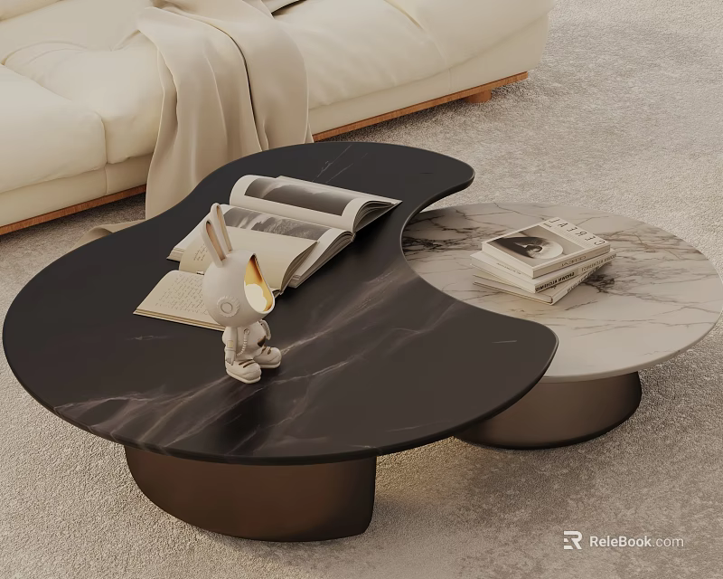 Modern Beige Sofa And Unique Marble Pattern Coffee Table Set With Rabbit Figurine And Books 3d model