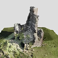 Ancient Castle Ruins Architecture With Tall Ruined Stone Brick Walls On Green Grassland