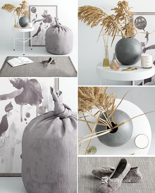 Gray Ceramic Vase With Dried Pampas Grass On White Table Minimalist Home Decor 3d model 