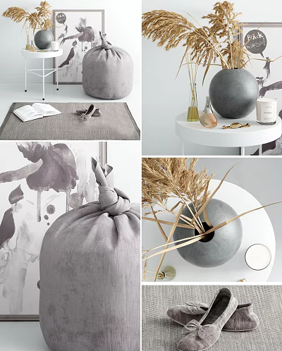Gray Ceramic Vase With Dried Pampas Grass On White Table Minimalist Home Decor 3d model