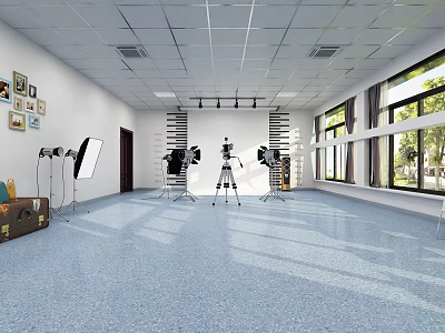 Modern Photography Studio Interior With Tripods Studio Lights Windows And Photo Frames On Wall 3d model