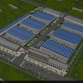 Aerial Planning of Industrial Complex with Blue Roofs Greenery and Road Layout