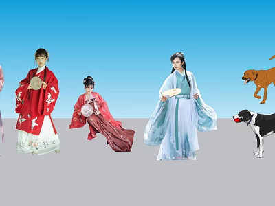 Group of People Wearing Traditional Hanfu With Dogs Standing Against Blue Sky 3d model