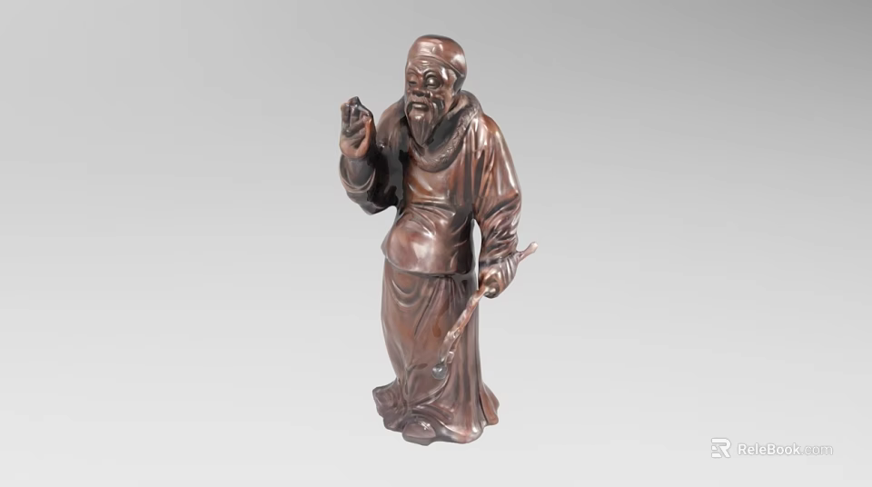 Intricate Hand Carved Traditional Wooden Elderly Figure Sculpture Holding Staff 3d model 