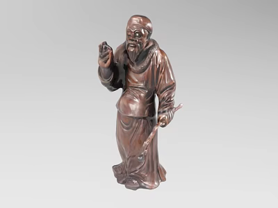 Intricate Hand Carved Traditional Wooden Elderly Figure Sculpture Holding Staff 3d model