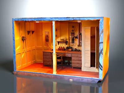 Interior Room Model With Yellow Walls Brown Furniture Wooden Desk And Chair 3d model