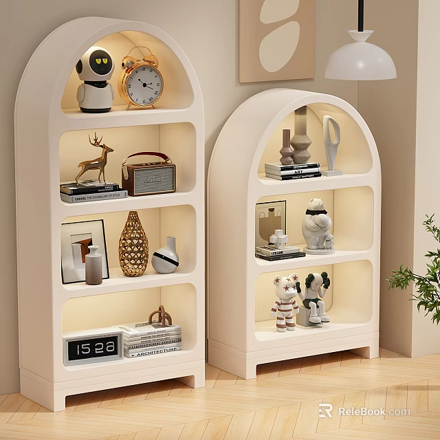 White Arched Entryway Side Cabinet With Decorative Clock Vase Figurines And Photo Frame 3d model 