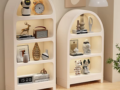 White Arched Entryway Side Cabinet With Decorative Clock Vase Figurines And Photo Frame 3d model