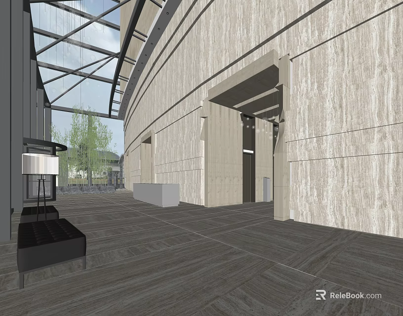 Modern Hotel Lobby Interior With Stone Walls Glass Ceiling And Wooden Flooring 3d model 