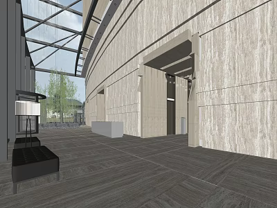 Modern Hotel Lobby Interior With Stone Walls Glass Ceiling And Wooden Flooring 3d model