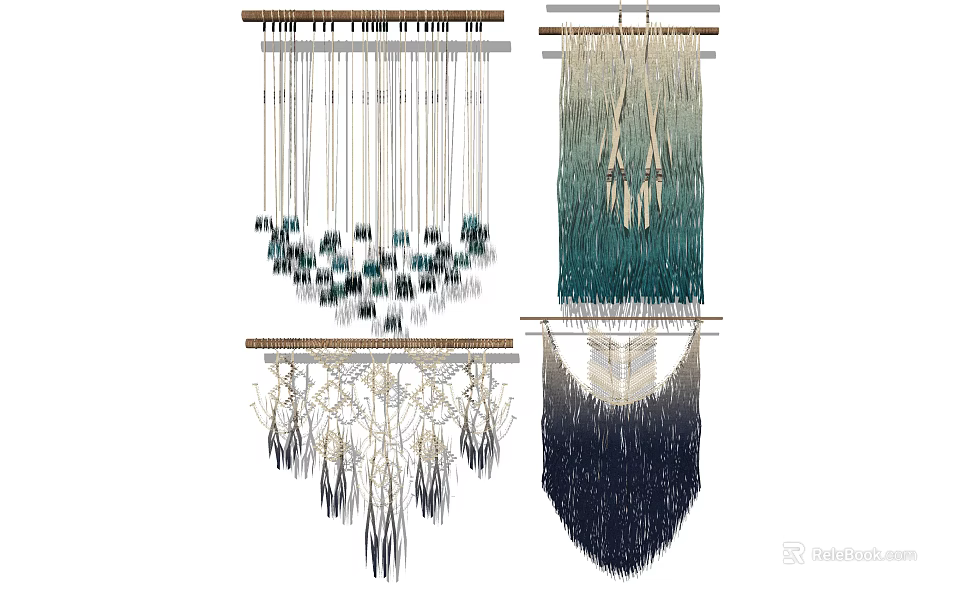 Colorful Macramé Wall Hangings With Teal Navy And White Woven Tassels 3d model 