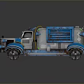 Futuristic Armored Truck In Blue Gray With Mechanical Details And Yellow Lights