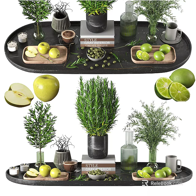 Ornamental Decor Combination With Apples Limes Rosemary Plants Books And Cups 3d model 
