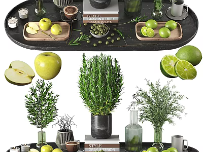 Ornamental Decor Combination With Apples Limes Rosemary Plants Books And Cups 3d model