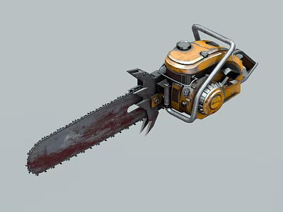 Heavy Duty Industrial Chainsaw Equipment With Yellow Body Metal Frame And Worn Saw Chain 3d model