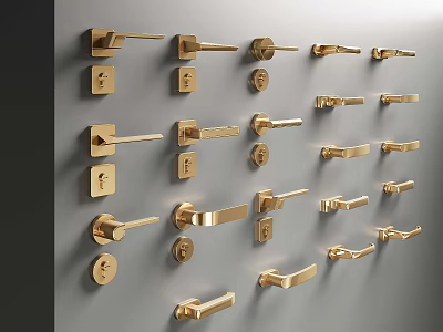 Collection of Different Styles Golden Door Handles and Locks on Gray Background 3d model