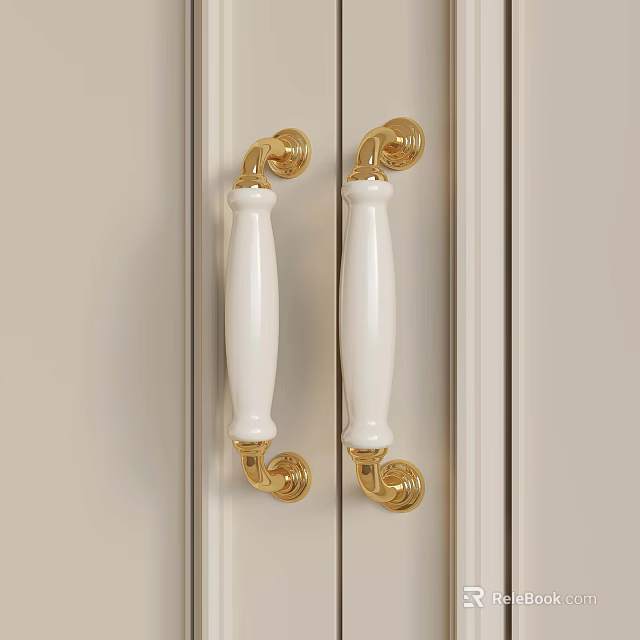White And Gold Door Handles With Curved Gold Accents On Beige Door Panels 3d model 