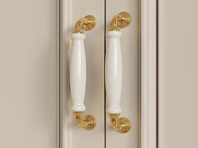 White And Gold Door Handles With Curved Gold Accents On Beige Door Panels 3d model