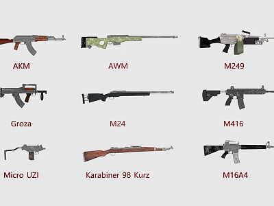 Different Weapons Showcasing AKM AWM M249 Groza M24 M416 Micro UZI Karabiner 98 Kurz M16A4 3d model