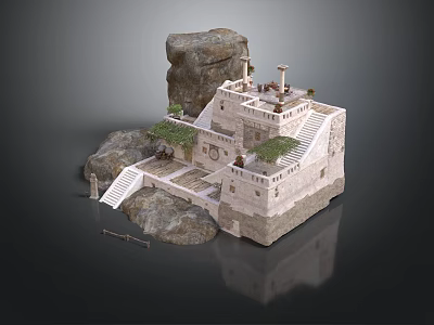 Traditional Tiered Stone Building Constructed on Rock with Steps Platforms and Vegetation 3d model