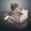 Traditional Tiered Stone Building Constructed on Rock with Steps Platforms and Vegetation