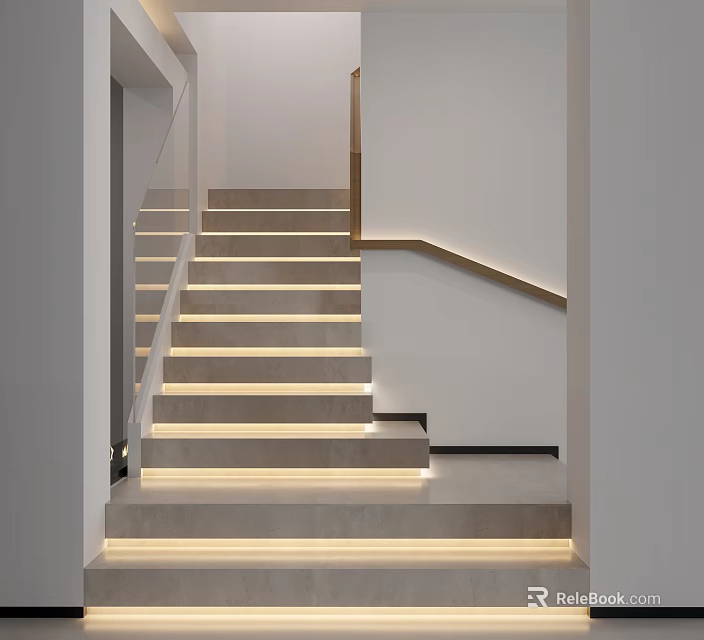 Sleek Modern Interior Staircase With Built in LED Strip Lighting And Minimalist Design 3d model 