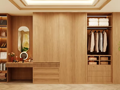 Modern Wooden Wardrobe With Open Design Built in Drawers Hanging Rods And Dressing Table 3d model