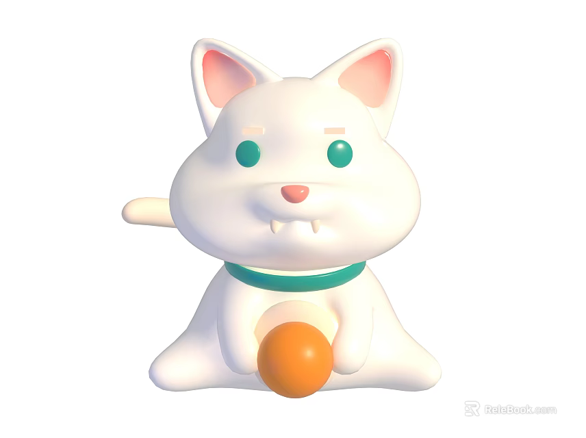 Cute White Cartoon Cat Doll With Green Collar Holding Orange Ball 3d model 