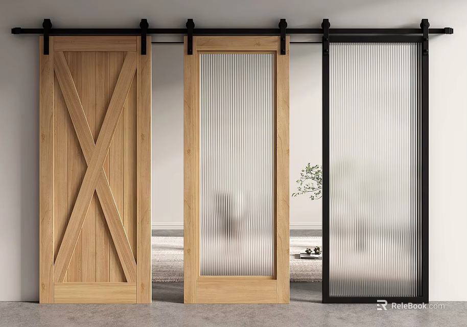 Modern Interior Sliding Barn Doors With Wooden X Pattern And Glass Stripes 3d model 